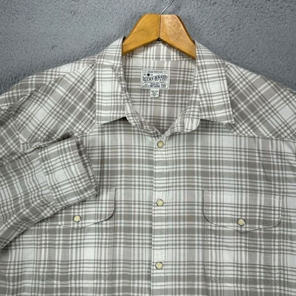 Lucky Brand Shirt Mens 2XL Grey Plaid Western Pearl Snap Button Up Flap Pockets